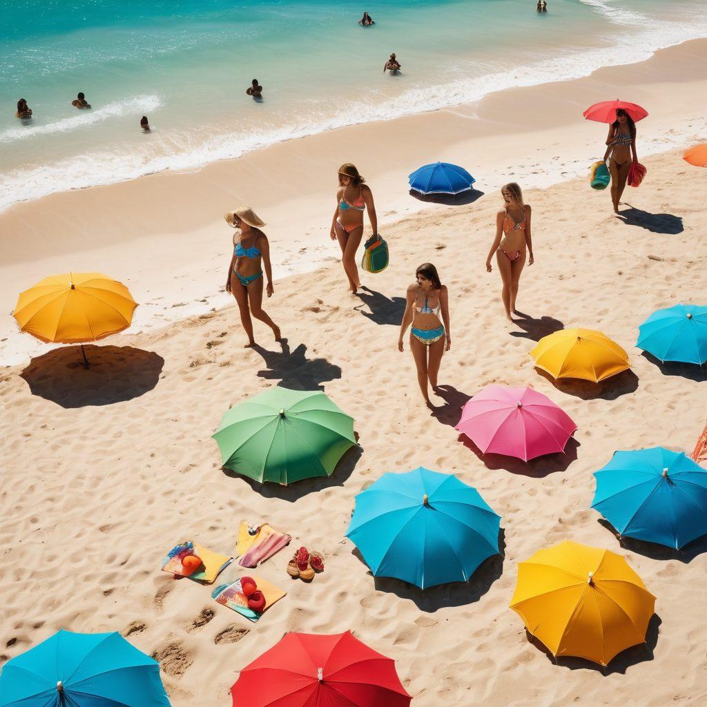 A vibrant beach scene with diverse models showcasing bold swimwear trends, including high-waisted swimsuits and fun cutouts. Bright umbrellas and colorful beach towels set the atmosphere, while people enjoy the sun and ocean waves in the background. Incorporate tropical plants and playful beach accessories to enhance the lively vibe. Illustrate a sense of confidence and fun in each of the swimwear styles. super-realistic. vibrant colors. cheerful summer atmosphere.