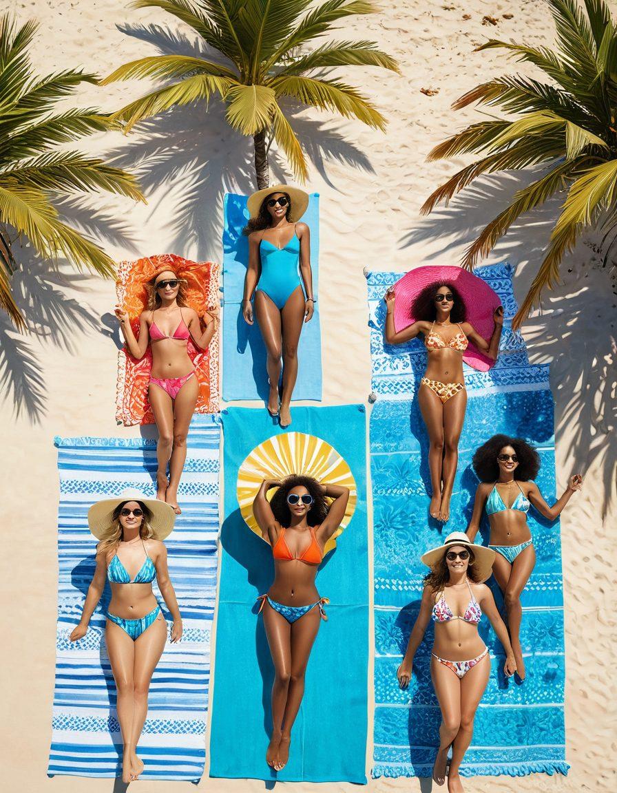 A chic beach scene featuring a diverse group of women in stylish swimwear, showcasing vibrant colors and trendy patterns. Include beach accessories like oversized sunglasses, sun hats, and colorful beach towels, surrounded by crystal-clear blue water and soft white sand. The atmosphere should evoke a sense of fun and fashion, with a bright sun overhead. Enhance the scene with tropical palm trees in the background. super-realistic. vibrant colors. sunny atmosphere.